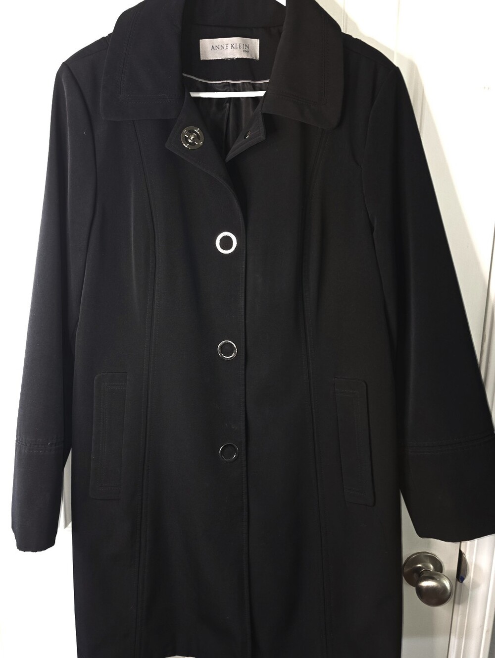 Anne Klein Black Tailored Trench Coat with Polished Buttons Medium EUC
